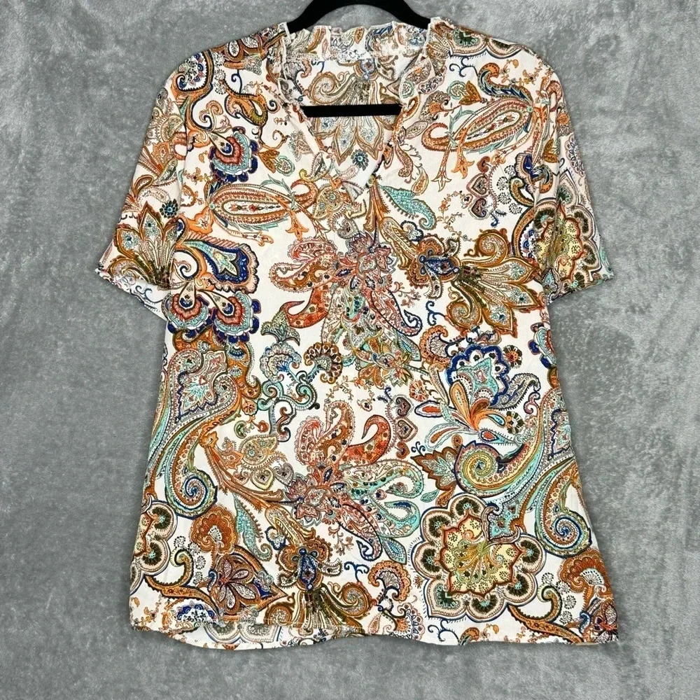 Amazon XXL 2X Shirt Top‎ Ivory Orange Paisley Short Sleeve V Neck Womens
